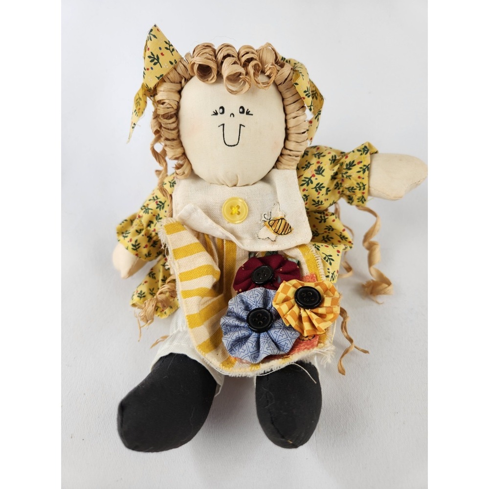 Vintage Shelf Sitter Doll Sun Flower Gardener Blonde Curly Hair Sitting Folk Art